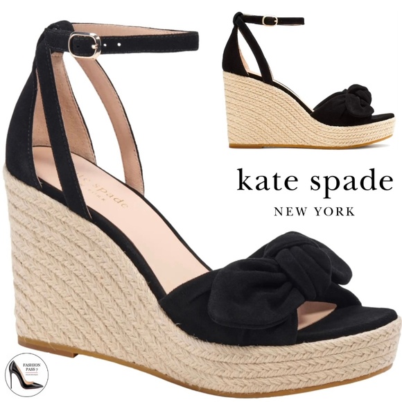 Kate Spade Tianna Espadrille Wedge Black Suede Leather Platform Sandal Pump 9.5 - Picture 1 of 16
